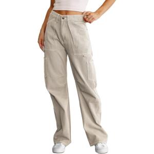 imageDokotoo Womens Cargo Pants Women Baggy Wide Leg High Waist Casual Pants Jean Stretch PantsApricot