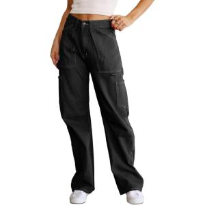 imageDokotoo Womens Cargo Pants Women Baggy Wide Leg High Waist Casual Pants Jean Stretch PantsBlack 01