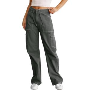 imageDokotoo Womens Cargo Pants Women Baggy Wide Leg High Waist Casual Pants Jean Stretch PantsGray