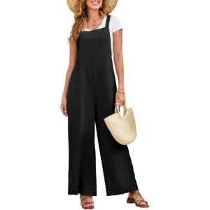 imageDokotoo Womens Casual Jumpsuits Front Pocket Loose Elasticity Straps Overalls One Piece Sleeveless Wide Leg Pant RomperBlack