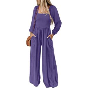 imageDokotoo Womens Casual Loose Overalls Jumpsuits One Piece Long Sleeve Wide Leg Long Pant Rompers With PocketsTillandsia Purple