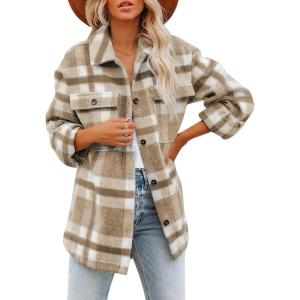 imageDokotoo Womens Casual Plaid Button Down Long Sleeve Shirts Flannel Shacket Jacket CoatsA Khaki