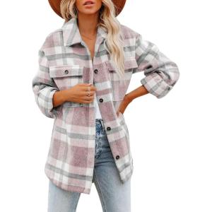 imageDokotoo Womens Casual Plaid Button Down Long Sleeve Shirts Flannel Shacket Jacket CoatsA Pink
