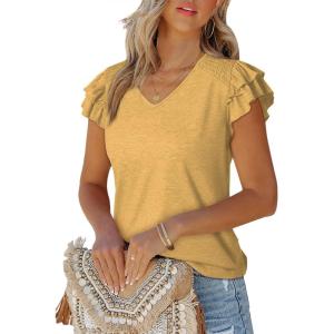 imageDokotoo Womens Casual Ruffle Short Sleeve Tops Cute Solid Color Knit Ribbed T Shirts BlousesBeige
