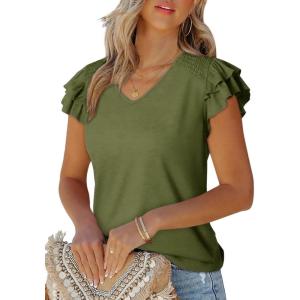 imageDokotoo Womens Casual Ruffle Short Sleeve Tops Cute Solid Color Knit Ribbed T Shirts BlousesGuacamole Green