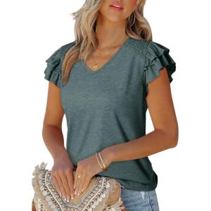 imageDokotoo Womens Casual Ruffle Short Sleeve Tops Cute Solid Color Knit Ribbed T Shirts BlousesSea Green