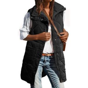 imageDokotoo Womens Casual Winter Long Puffer Vest Stand Collar Sleeveless Puffy Jackets Coat with PocketsBlack