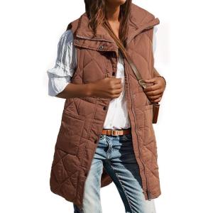 imageDokotoo Womens Casual Winter Long Puffer Vest Stand Collar Sleeveless Puffy Jackets Coat with PocketsCoffee