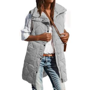 imageDokotoo Womens Casual Winter Long Puffer Vest Stand Collar Sleeveless Puffy Jackets Coat with PocketsDark Gray