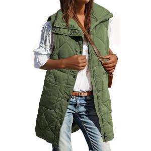 imageDokotoo Womens Casual Winter Long Puffer Vest Stand Collar Sleeveless Puffy Jackets Coat with PocketsFern Green