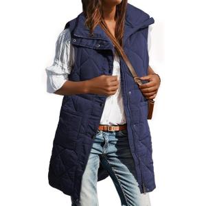 imageDokotoo Womens Casual Winter Long Puffer Vest Stand Collar Sleeveless Puffy Jackets Coat with PocketsNavy Blue