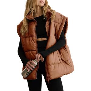 imageDokotoo Womens Casual Winter Oversized Puffer Vest Stand Collar Flysleeve Insulated Padded Puffy Jackets Coat with PocketsChestnut