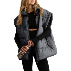 imageDokotoo Womens Casual Winter Oversized Puffer Vest Stand Collar Flysleeve Insulated Padded Puffy Jackets Coat with PocketsDark Grey