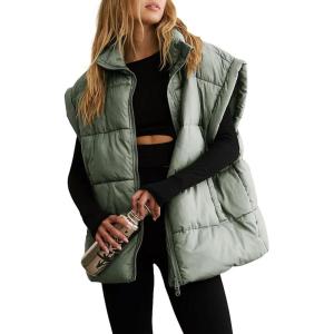 imageDokotoo Womens Casual Winter Oversized Puffer Vest Stand Collar Flysleeve Insulated Padded Puffy Jackets Coat with PocketsLight Green