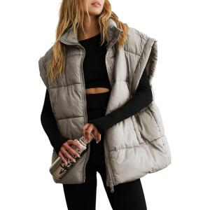 imageDokotoo Womens Casual Winter Oversized Puffer Vest Stand Collar Flysleeve Insulated Padded Puffy Jackets Coat with PocketsMedium Grey