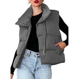 imageDokotoo Womens Casual Winter Puffer Vest Sleeveless Cropped Outerwear Warm Lightweight Stand Collar Down Coats with PocketsGray