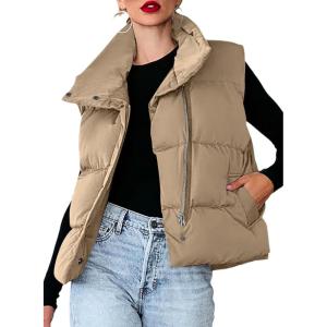 imageDokotoo Womens Casual Winter Puffer Vest Sleeveless Cropped Outerwear Warm Lightweight Stand Collar Down Coats with PocketsKhaki