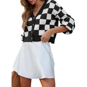 imageDokotoo Womens Checkered V Neck Button Down Long Sleeve Cable Knit Cropped Cardigan Sweaters TopsBlack