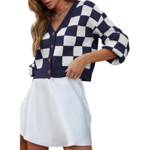 imageDokotoo Womens Checkered V Neck Button Down Long Sleeve Cable Knit Cropped Cardigan Sweaters TopsBlue
