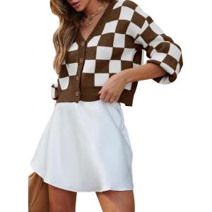 imageDokotoo Womens Checkered V Neck Button Down Long Sleeve Cable Knit Cropped Cardigan Sweaters TopsBrown