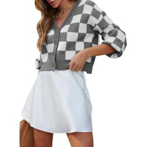 imageDokotoo Womens Checkered V Neck Button Down Long Sleeve Cable Knit Cropped Cardigan Sweaters TopsGray