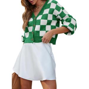 imageDokotoo Womens Checkered V Neck Button Down Long Sleeve Cable Knit Cropped Cardigan Sweaters TopsGreen