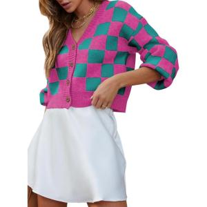 imageDokotoo Womens Checkered V Neck Button Down Long Sleeve Cable Knit Cropped Cardigan Sweaters TopsRose