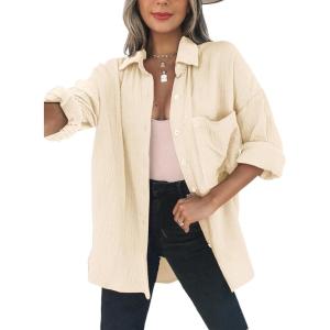 imageDokotoo Womens Color Block Button Down Shirts Long Sleeve Oversized Boyfriend Blouses Tops1 Apricot