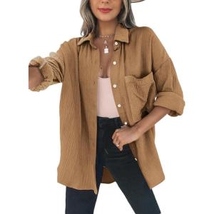 imageDokotoo Womens Color Block Button Down Shirts Long Sleeve Oversized Boyfriend Blouses Tops1 Brown