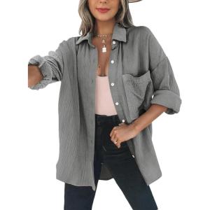 imageDokotoo Womens Color Block Button Down Shirts Long Sleeve Oversized Boyfriend Blouses Tops1 Gray