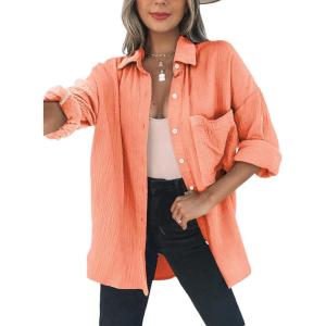 imageDokotoo Womens Color Block Button Down Shirts Long Sleeve Oversized Boyfriend Blouses Tops1 Orange
