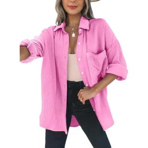 imageDokotoo Womens Color Block Button Down Shirts Long Sleeve Oversized Boyfriend Blouses Tops1 Rose Pink