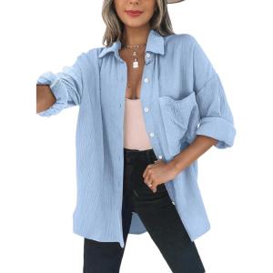 imageDokotoo Womens Color Block Button Down Shirts Long Sleeve Oversized Boyfriend Blouses Tops1 Sky Blue