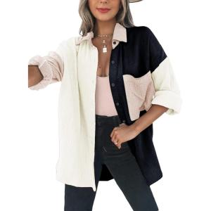 imageDokotoo Womens Color Block Button Down Shirts Long Sleeve Oversized Boyfriend Blouses Tops2 Black