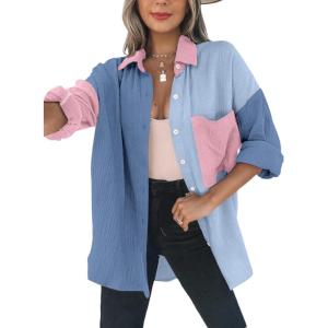 imageDokotoo Womens Color Block Button Down Shirts Long Sleeve Oversized Boyfriend Blouses Tops2 Blue