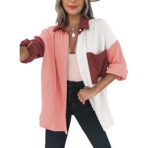 imageDokotoo Womens Color Block Button Down Shirts Long Sleeve Oversized Boyfriend Blouses Tops2 Brown