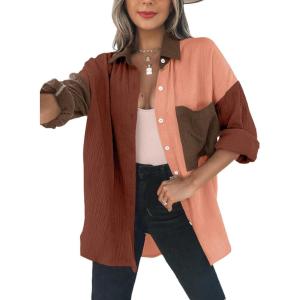 imageDokotoo Womens Color Block Button Down Shirts Long Sleeve Oversized Boyfriend Blouses Tops2 Dark Brown