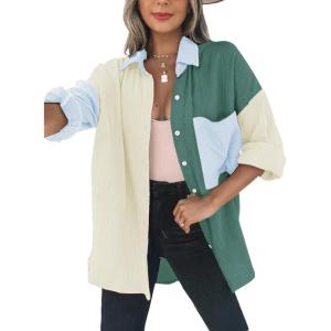 imageDokotoo Womens Color Block Button Down Shirts Long Sleeve Oversized Boyfriend Blouses Tops2 Dark Green