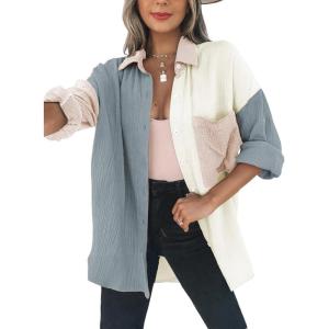 imageDokotoo Womens Color Block Button Down Shirts Long Sleeve Oversized Boyfriend Blouses Tops2 Gray