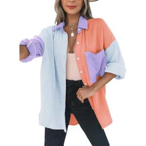 imageDokotoo Womens Color Block Button Down Shirts Long Sleeve Oversized Boyfriend Blouses Tops2 Purple