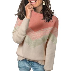 imageDokotoo Womens Color Block Sweaters Long Sleeve Crewneck Pullover Knit Jumper TopsB1 Pink