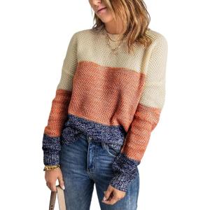 imageDokotoo Womens Color Block Sweaters Long Sleeve Crewneck Pullover Knit Jumper TopsD Brown