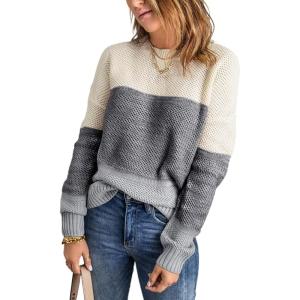 imageDokotoo Womens Color Block Sweaters Long Sleeve Crewneck Pullover Knit Jumper TopsD Gray