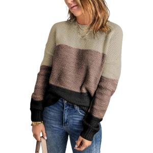 imageDokotoo Womens Color Block Sweaters Long Sleeve Crewneck Pullover Knit Jumper TopsD Offwhite