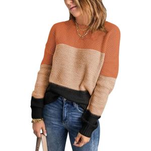 imageDokotoo Womens Color Block Sweaters Long Sleeve Crewneck Pullover Knit Jumper TopsD Orange