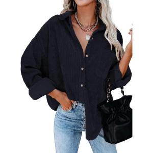 imageDokotoo Womens Corduroy Button Down Shirts Boyfriend Long Sleeve Oversized Blouses Tops1 Blue