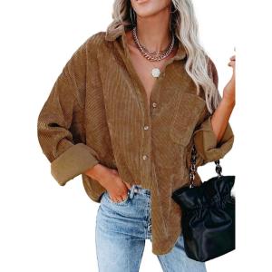 imageDokotoo Womens Corduroy Button Down Shirts Boyfriend Long Sleeve Oversized Blouses Tops1 Brown