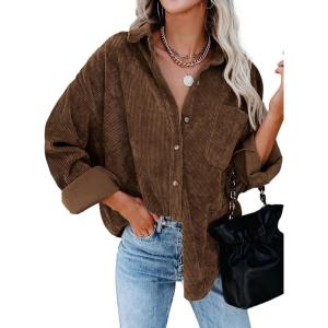 imageDokotoo Womens Corduroy Button Down Shirts Boyfriend Long Sleeve Oversized Blouses Tops1 Dark Brown