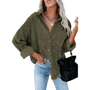 imageDokotoo Womens Corduroy Button Down Shirts Boyfriend Long Sleeve Oversized Blouses Tops1 Dark Green