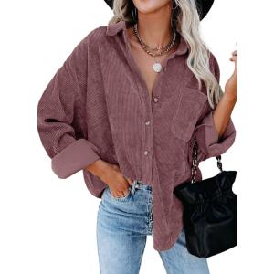 imageDokotoo Womens Corduroy Button Down Shirts Boyfriend Long Sleeve Oversized Blouses Tops1 Dark Pink